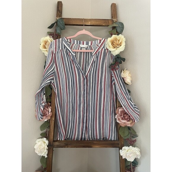 Christopher & Banks Striped V-Neck Blouse with Roll-Up Sleeves Lightweight - Picture 2 of 5